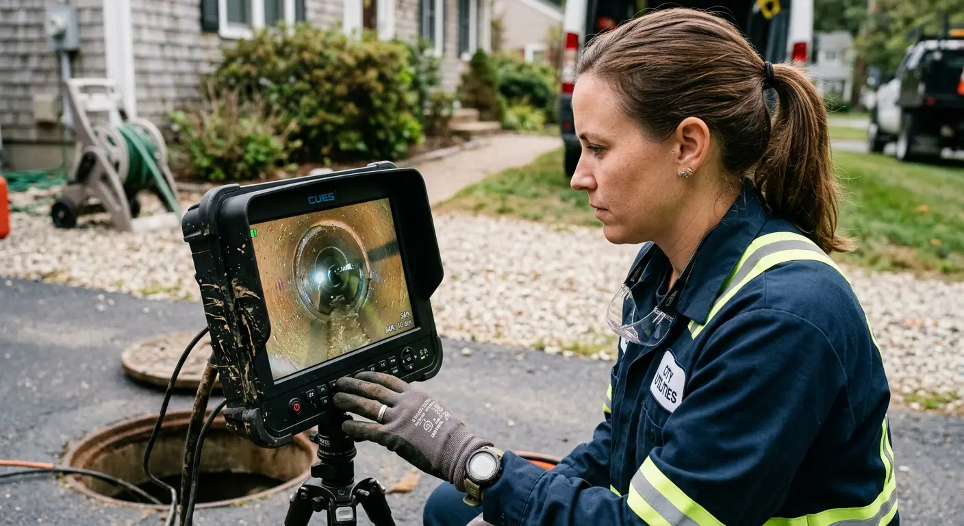 Technician reviewing sewer camera inspection footage in Micco