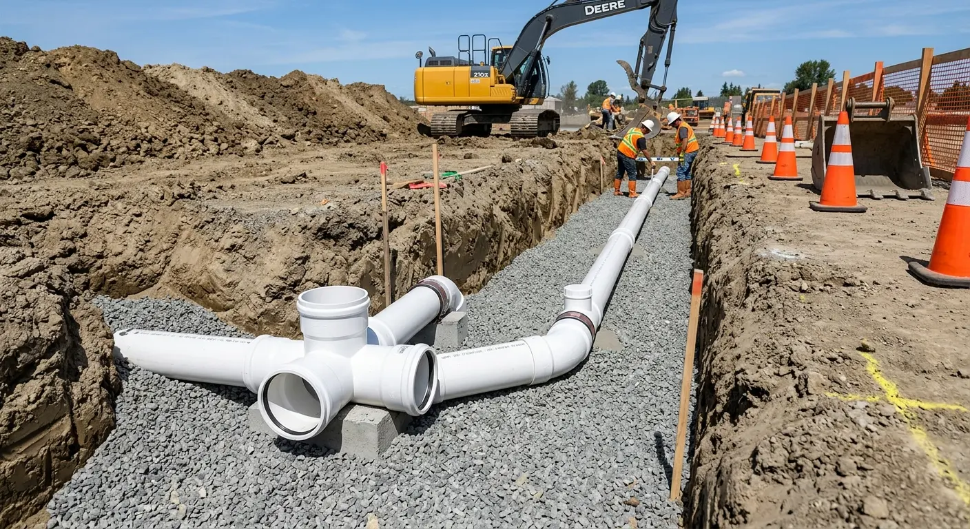New PVC sewer pipe installation in open trench for Sewer Backup in Micco