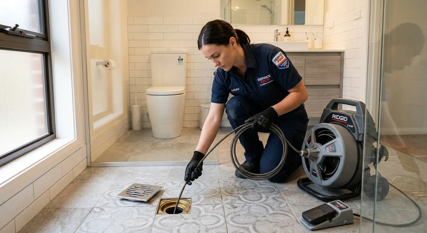 Technician clearing a bathroom floor drain for Hydro Jetting in Micco